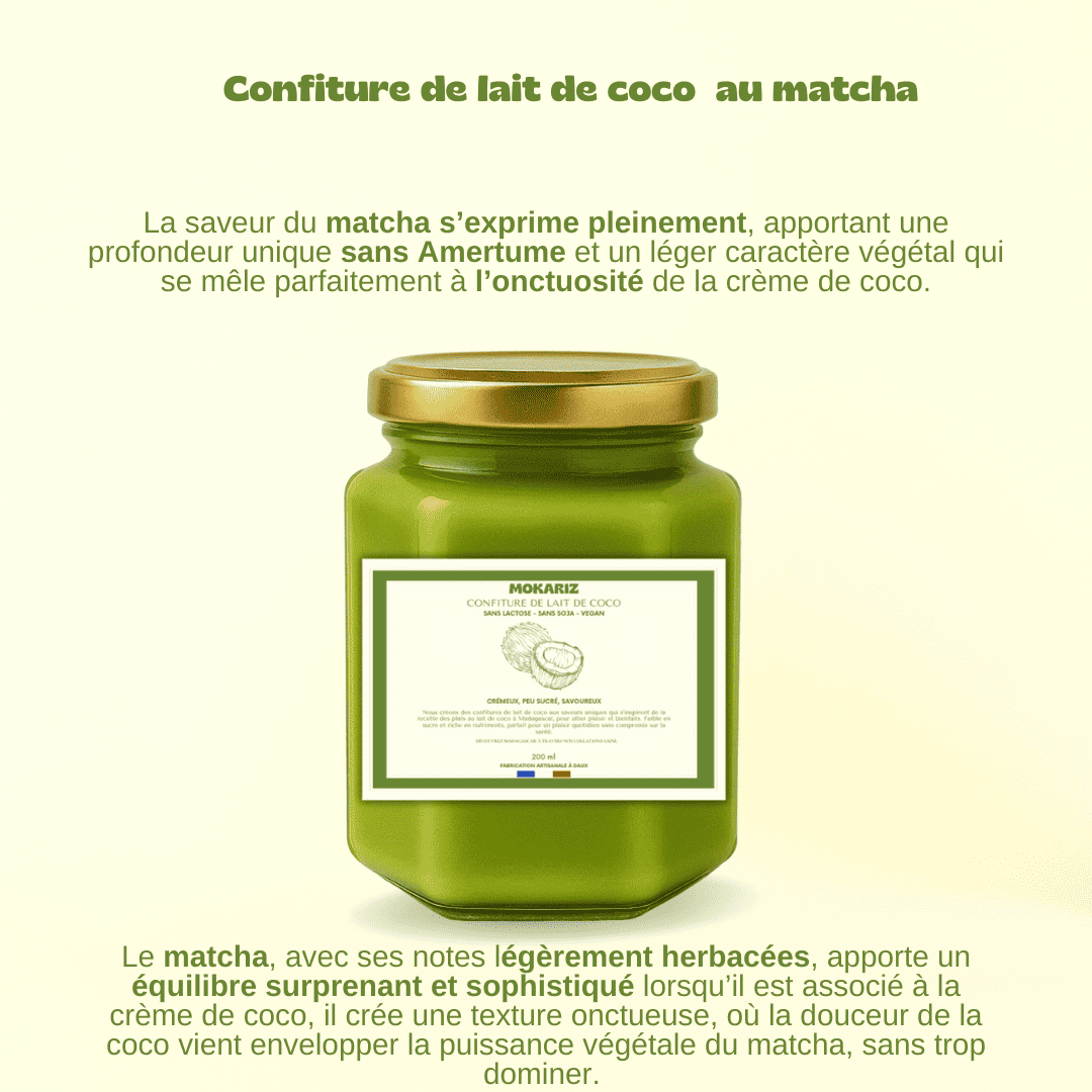 Confiture de liat de coco vegan, confiture de lait matcha, matcha latte au coco, confiture de lait vegan, confiture de lait de coco, collation saine, pate a tartiner vegan, confiture, caramel vegan, pate a tartiner sans lait, crème dessert, crème dessert vegan, crème dessert sans lactose, pate à tartiner sans lactose