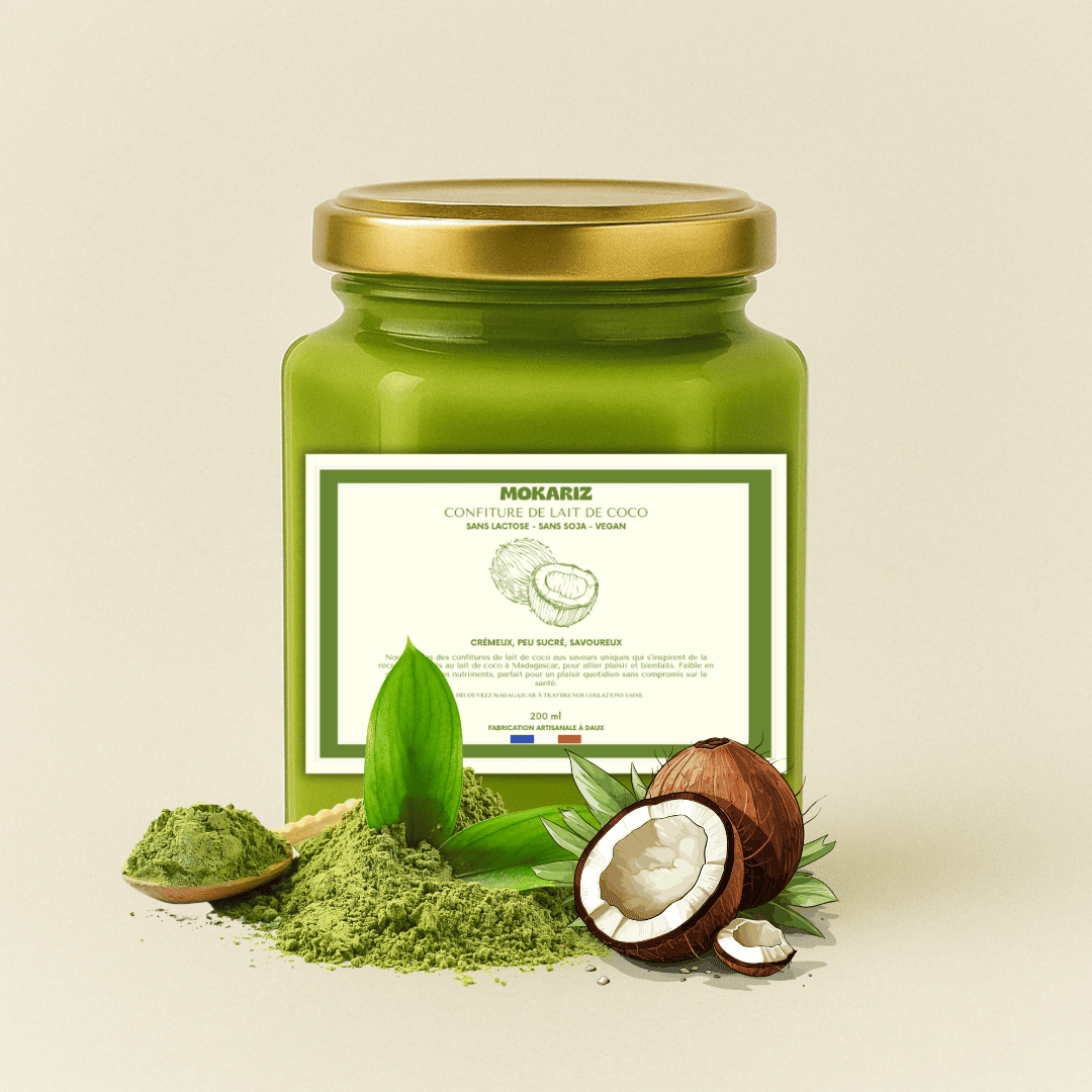 Confiture de liat de coco vegan, confiture de lait matcha, matcha latte au coco, confiture de lait vegan, confiture de lait de coco, collation saine, pate a tartiner vegan, confiture, caramel vegan, pate a tartiner sans lait, crème dessert, crème dessert vegan, crème dessert sans lactose, pate à tartiner sans lactose