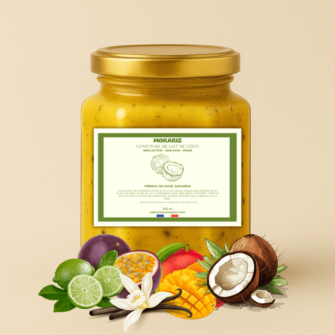 confiture de lait de coco mangue passion citron, creme vegan, confiture de lait vegan, caramel vegan, pate a tartiner sans lactose vegan, Mokariz, sans gluten, sans lactose, vegan, confiture passion mangue, crème passion mangue vegan, ganache vegan passion mangue