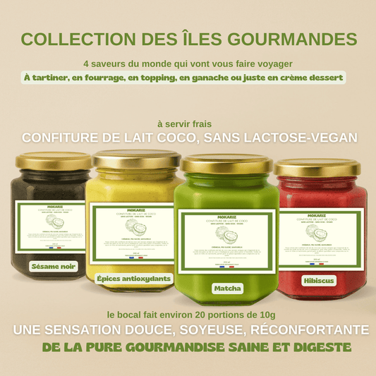 Confiture de lait de coco, confiture de lait vegan, confiture de lait sans lactose, pate a tarter vegan, pate a tartiner sans lactose, confiture, gelé, matcha, hibiscus, sésame noir, curcuma, chai, lait d'or, gingembre