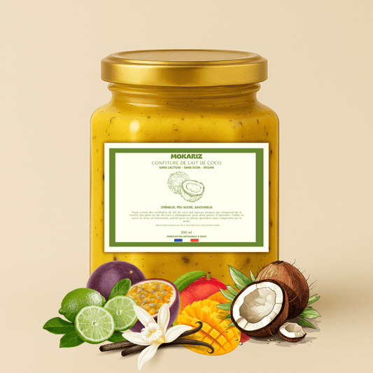 confiture de lait de coco mangue passion citron, creme vegan, confiture de lait vegan, caramel vegan, pate a tartiner sans lactose vegan, Mokariz, sans gluten, sans lactose, vegan, confiture passion mangue, crème passion mangue vegan, ganache vegan passion mangue